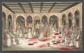 Holi Festival In The Palace At Murshidabad Before The Nawab With Coloured Powder Flung Around Bengal Sepoys Standing A Holi Festival Painting School Painting