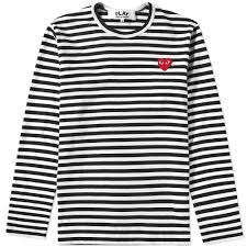 Black And White Striped Long Sleeve T Shirt Mens Comme Des Garcons Play Long Sleeve Heart Logo Stripe Tee In Black Long Sleeve Tshirt Men Striped Tee Heart Logo