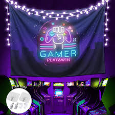 Blue and purple are really popular colors for gaming rooms. Amazon Com Gaming Tapestry Game Theme Decor Cool Tapestry Large 80x60in Video Gamer Play Win Purple Gamepad Wall Art Hanging Bedroom Aesthetic Funny Tapestries For Men Boys Living Room College Dorm Everything Else
