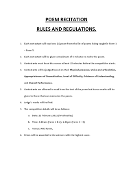 Thus, making them easier to learn by heart. Poem Recitation Rules And Regulations