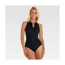 Women S Zip Up One Piece 40 Liked On Polyvore Featuring Swimwear One Piece Swimsuits Black Zipper Front Bathin One Piece Women One Piece Swimsuit Black