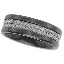 Unisex Black Wedding Band With Cable Inlay Black Rings Black Wedding Band Black Titanium Wedding Bands