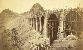 Photograph (1855) showing the construction of the Bhor Ghaut incline bridge, Bombay; the incline was conceived by George Clark, the Chief Engineer in the East India Company's Government of Bombay. Tarikh-i Hind