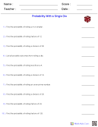 Probability Worksheets With A Single Die Probability Worksheets Probability Mathematics Worksheets
