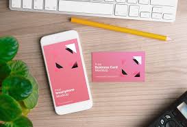 A Showcasing Mockup Including An Iphone And A Business Card Photo Based Psd File Wit Business Cards Mockup Psd Business Card Mock Up Free Business Card Mockup