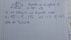 Einfach den wert links oder rechts eingeben. Pyramide Formeln Diagonalen Der Grundflache D 2a 2 Sos Schnelle Hilfe Mathelounge