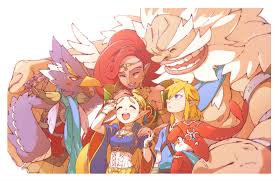 daruk, link, mipha, princess zelda, revali, urbosa, nintendo, the legend of  zelda, the legend of zelda: breath of the wild, artist request, bird,  blonde hair, blush, closed eyes, colored skin, dark