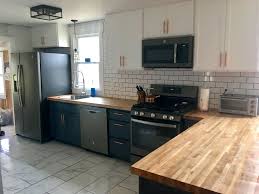 Hale Navy And Snow White Cabinets With Butcher Block Countertop White Porcelain Tile Butcher Block Countertops White Cabinets Kitchen Dinning Room Countertops