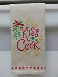 Embroidered Christmas Kitchen Towel Embroidered Kiss The Cook Etsy Christmas Kitchen Towels Christmas Kitchen Kitchen Tea Towels