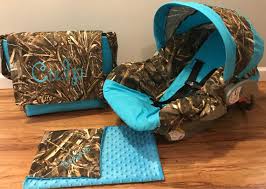 3 Piece Set Max 5 Camo Fabric Turquoise Blue Infant Car Seat Cover With Canopy Visor And Diaper Bag And Huggy Blanket With Free Monogram Baby Car Seats Camo Baby Stuff