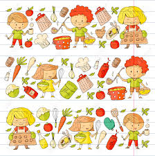 Susse Kinder Kochen Kindergarten Und Schulkinder Kinder Zeichnen Kochkurs Kindercafe Und Restaurants Essen Und Spielen Gesunde Getranke Obst Gemuse Backerei Lizenzfrei Nutzbare Vektorgrafiken Clip Arts Illustrationen Image 94645865