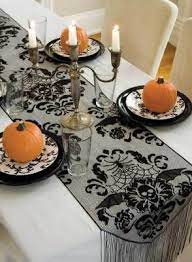 To cut out the circle the right size i turned the side table upside down and traced around it. Gothic Damask Fringed Table Runner Halloween Table Runners Halloween Table Heritage Lace