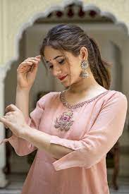 Peach Embroidered Neckline Kurta Palazzo Set Front Hair Styles Embroidered Neckline Kurta With Pants