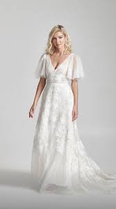 Flutter Sleeve Modern A Line Wedding Dress Embroidered Wedding Dress Wedding Dress Sleeves Column Wedding Dress
