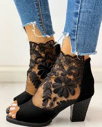 Lace Mesh Insert Chunky Heeled Boots