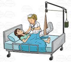 Woman Laying In A Hospital Bed With Her Leg In A Cast And Hung From A Traction A Nurse Is Checking Her Vitals Nursing Crib Bed Clipart Hospital Bed