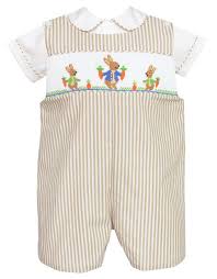 Anavini Baby Toddler Boys Khaki Tan Striped Smocked Easter Bunny Garden Shortall With Shirt Baby Boy Easter Outfit Infants Boy Sewing Smocking