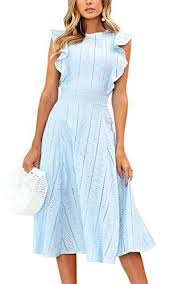 Ecowish Womens Dresses Elegant Ruffles Cap Sleeves Summer A Line Midi Dress Midi Ruffle Dress Round Neck Casual Dress Cheap Dresses