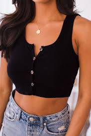 Black And White Striped Tank Top Outfit Megan Black Buttoned Crop Top In 2020 Black Crop Top Outfit Crop Top Outfits Summer Crop Top Outfits