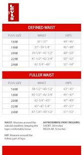 levis defined waist and fuller waist plus size charts via