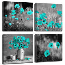 Navy blue walls with a teal accent wall will look wonderful in a large, airy space. Flower Wall Decor Teal Poppy Wall Art Flower Wall Pictures For Bedroom Wall Decor 4 Piece