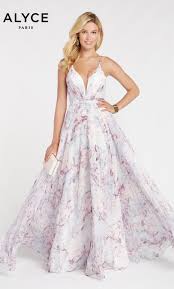 Alyce Paris Style 60440 Flowy Chiffon Print Dress With Draped Top Belt Detail And Low Neckline C Alyce Prom Dress Alyce Paris Prom Dresses Prom Dress Styles