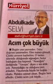 Yaşanan süreçle ilgili bir yazı kaleme alan abdulkadir selvi, erdoğan'la arınç arasında geçen i̇stifa konuşmasını kaleme aldı. Gazeteci Abdulkadir Selvi Annesini Kaybetti