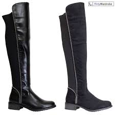 Knee High Stretchy Boots Zip Up Studs Flat Block Heel Womens Winter Shoes