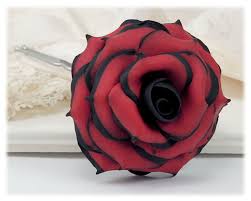 These lovely vintage red and black flower embellishments are perfect for wedding props, bridal shower invitations, baby showers, scrapbooking or any creative project! Black Tipped Red Rose Hair Flowers Black And Red Flowers Stranded Treasures