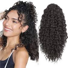 Ponytail Extension, Yaki Texture Curly Drawstring Ponytail for Black Women  20 Inch Long Wavy Curly Clip in Ponytails Fake Pony Tails Hair Extensions  ...