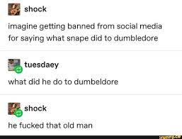 I imagine getting banned from social media for saying what snape did to  dumbledore What did he do to dumbeldore he fucked that old man - iFunny