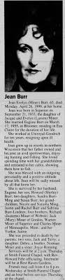 Obituary for Jean Evelyn Miner Burr, 1933-1999 (Aged 65)