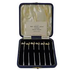 Six Solid Silver Cockerel Cocktail Sticks By Adolph Scott. 1932. English(s)
