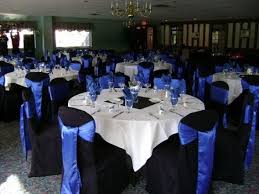 Black And Blue Wedding Decor Blue And Black Tables Love This But With Silver Table Cloth Instead Of White Royal Blue Wedding Blue Wedding Wedding Chairs