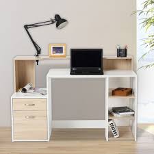 Computer Desk White Oak Colour 2 Drawers Shelves Wooden Office Study Furniture Home Office Table Wooden Computer Desks Furniture