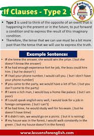 English If Clauses Type 2 Definiton And Example Sentences Type 2 Is Used To Think Of The Opposite Of An Event That Is Happening Sentences Writing Words Clause