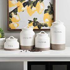 Ceramic canister features embossed design with galvanized metal lid. Two Tone Modern Farmhouse Canisters Farmhouse Canisters Farmhouse Kitchen Decor Ceramic Kitchen Canisters