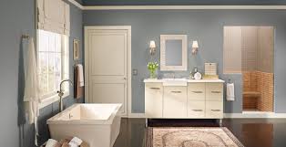Green bathroom sink and vanity, blue wall, modern bathroom. Calming Bathroom Ideas And Inspirational Paint Colors Behr
