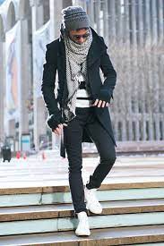 Men S Black Overcoat White And Black Horizontal Striped Crew Neck Sweater Black Chinos White High Top Sneakers Mens Winter Fashion Mens Outfits Mens Fashion Casual