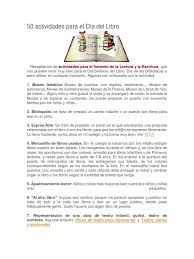 Actividades para el fomento de la lectura y la escritura, que nos pueden venir muy bien para el día/semana del libro, día de las bibliotecas o para algunas van enlazadas con la actividad. 50 Actividades Para El Dia Del Libro Cra Docx Libros Poesia