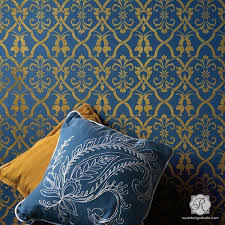 Paint Your Accent Wall With A Bohemian Style Wallpaper Look The Aladdin Damask Wall Stencil Can Be Painted In D Damask Wall Damask Wall Stencils Stencils Wall