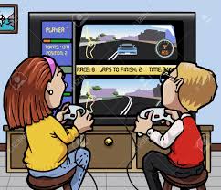 Adicción a los videojuegos niños chinos tecnologia celular permitiendo facturas sistemas celulares empresas actualidad. Ilustracion De Estilo De Dibujos Animados Dos Ninos Una Nina Un Nino Jugando A Una Videojuego De Carreras Sobre Una Gran Pantalla De Fotos Retratos Imagenes Y Fotografia De Archivo Libres De