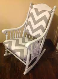 Just Refinished This Cute Rocking Chair With A White Wash Paint And Wide Gray Chevron Fabric Rocking Chair Nursery Rocking Chair Vintage Rocking Chair