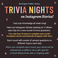 Mar 20, 2015 · (p.s these are also great questions to ask for an instagram quiz!) who will win — (sports team, cooking competitors, championships, etc)? Burlington Ct Public Library Do You Fancy Yourself A Trivia Extraordinaire Are You A Pop Culture Aficionado Then Step Right Up Or Rather Head Over To Our Instagram Page And View Our