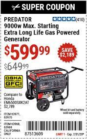 Predator 9000 Watt Max Starting Extra Long Life Gas Powered Generator For 599 99 Power Generator Gas Powered Generator Harbor Freight Tools