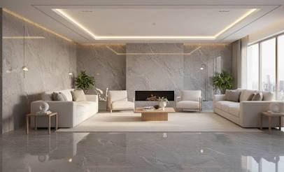 Rule 1: Create scale and drama using floor-to-ceiling premium natural stone slabs., AI generated