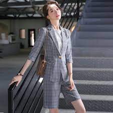 Fashion Grey Plaid Blazer Women Business Suits Shorts And Jackets Sets Ladies Work Wear Uniforms Half Sleeve Women S Sets Aliexpress
