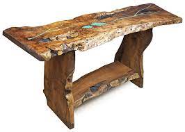 I use a foam brush to apply several coats of the sealer but spray the final coats on. Free Form Slab Mesquite Sofa Table With Turquoise Inlay