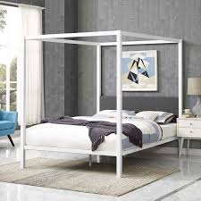 The novogratz camilla metal canopy bed has a design that will make you feel royal. Queen Size White Metal Canopy Bed Frame With Grey Fabric Upholstered Headboard By Fast Furnishings 619 At Homekilo Com