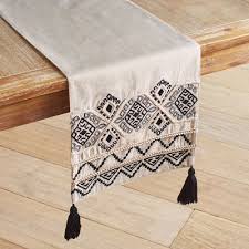 Ivory Black Geometric 72 Table Runner With Tassels Table Runners Dining And Entertaining Border Design